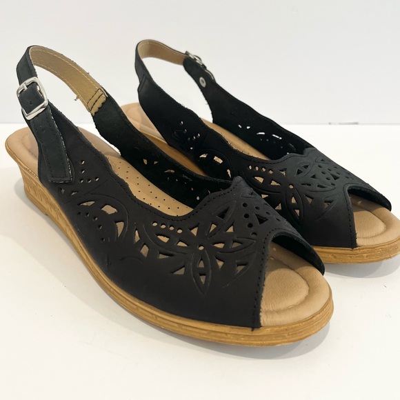 Spring Step Shoes - Spring Step Sandal Womens Black Orella Peep Toe Slingback Wedge 41 EU /10.5 US